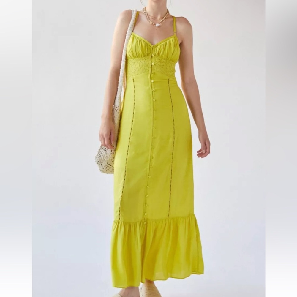 Urban Outfitters Silva Maxi Lace Satin Slip Dress Chartreuse
